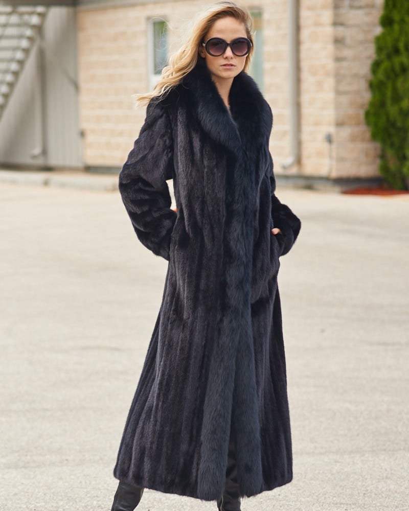 The Caitlin Black Mink Coat with Fox Tuxedo Collar: FurHatWorld.com