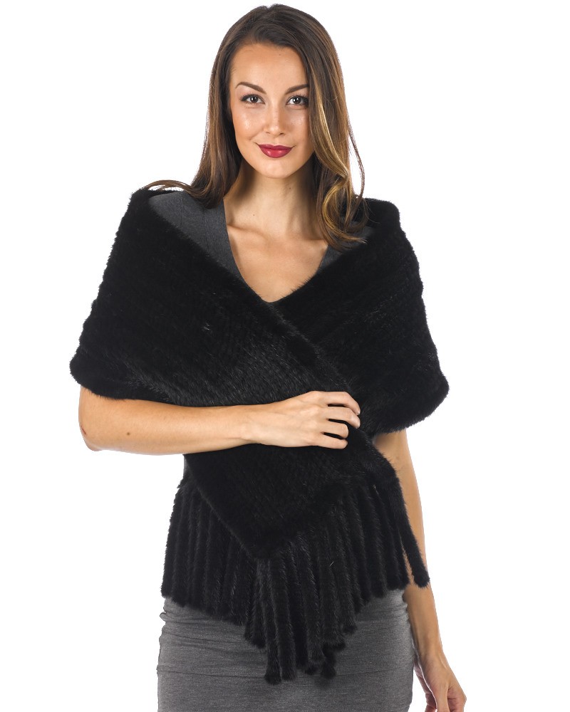 Tessa Knitted Mink Pull Through Fringe Shawl in Black: FurHatWorld.com
