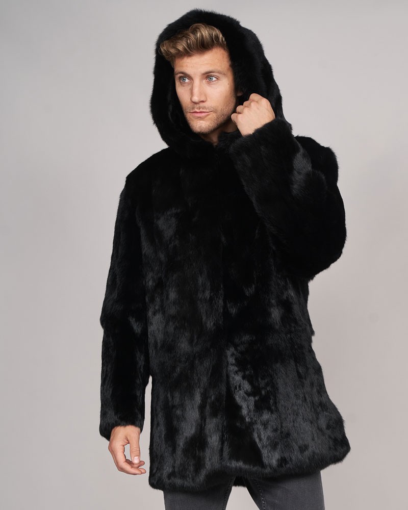 Jason Black Rabbit Fur Over Coat with Hood: FurHatWorld.com