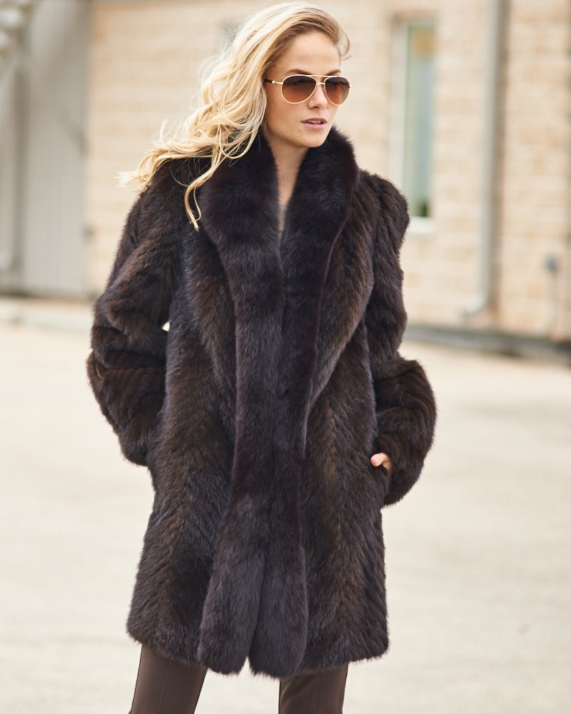 Olivia Textured Mink Stroller Coat with Fox Tuxedo Collar ...