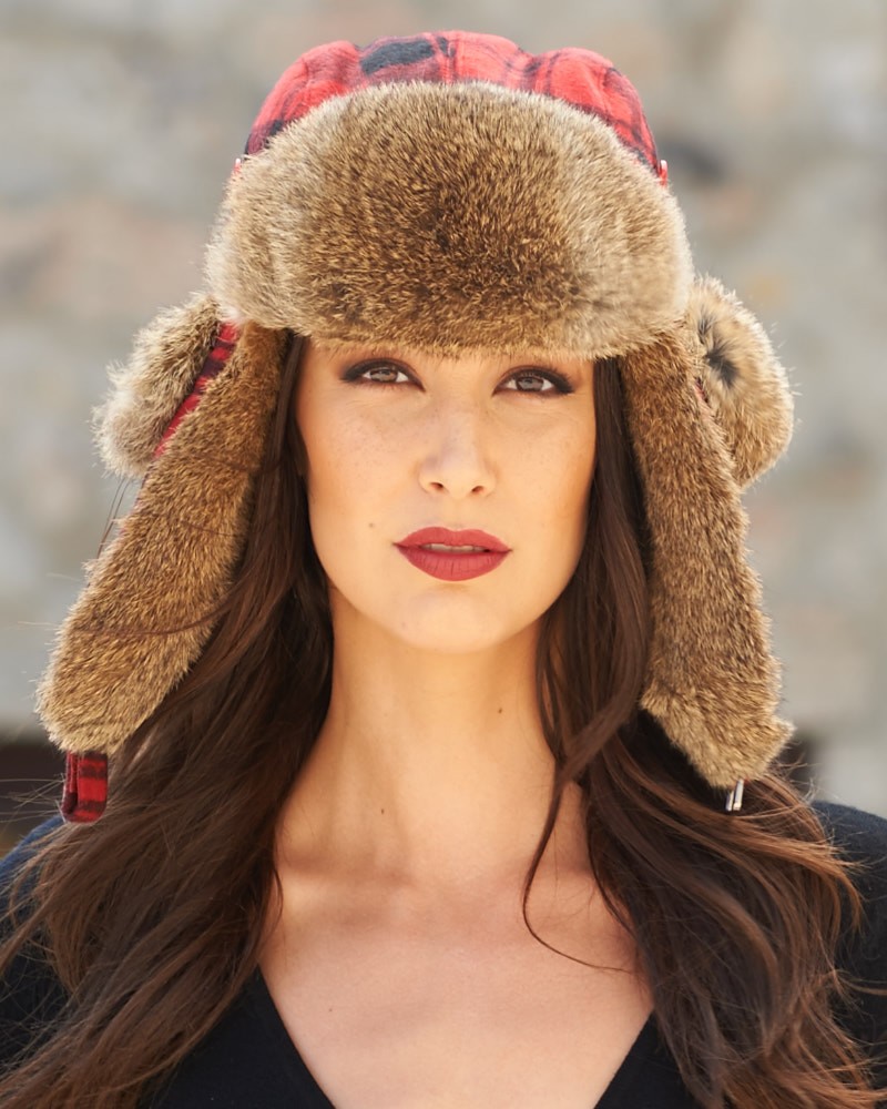 Womens Red Buffalo Check Rabbit Fur Trapper Hat: FurHatWorld.com