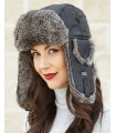 Ladies Black Leather Rabbit Fur Trapper Hat