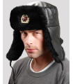 Sheepskin & Leather Military Trooper Hat with Badge for Men