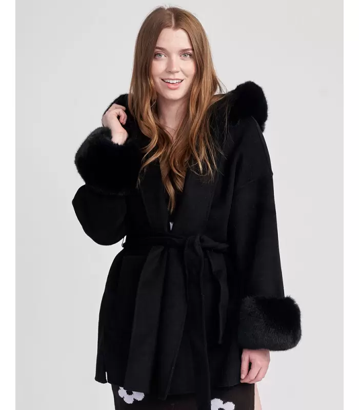 Ashley Mid-Length Wrap Coat with Faux Fur Trim