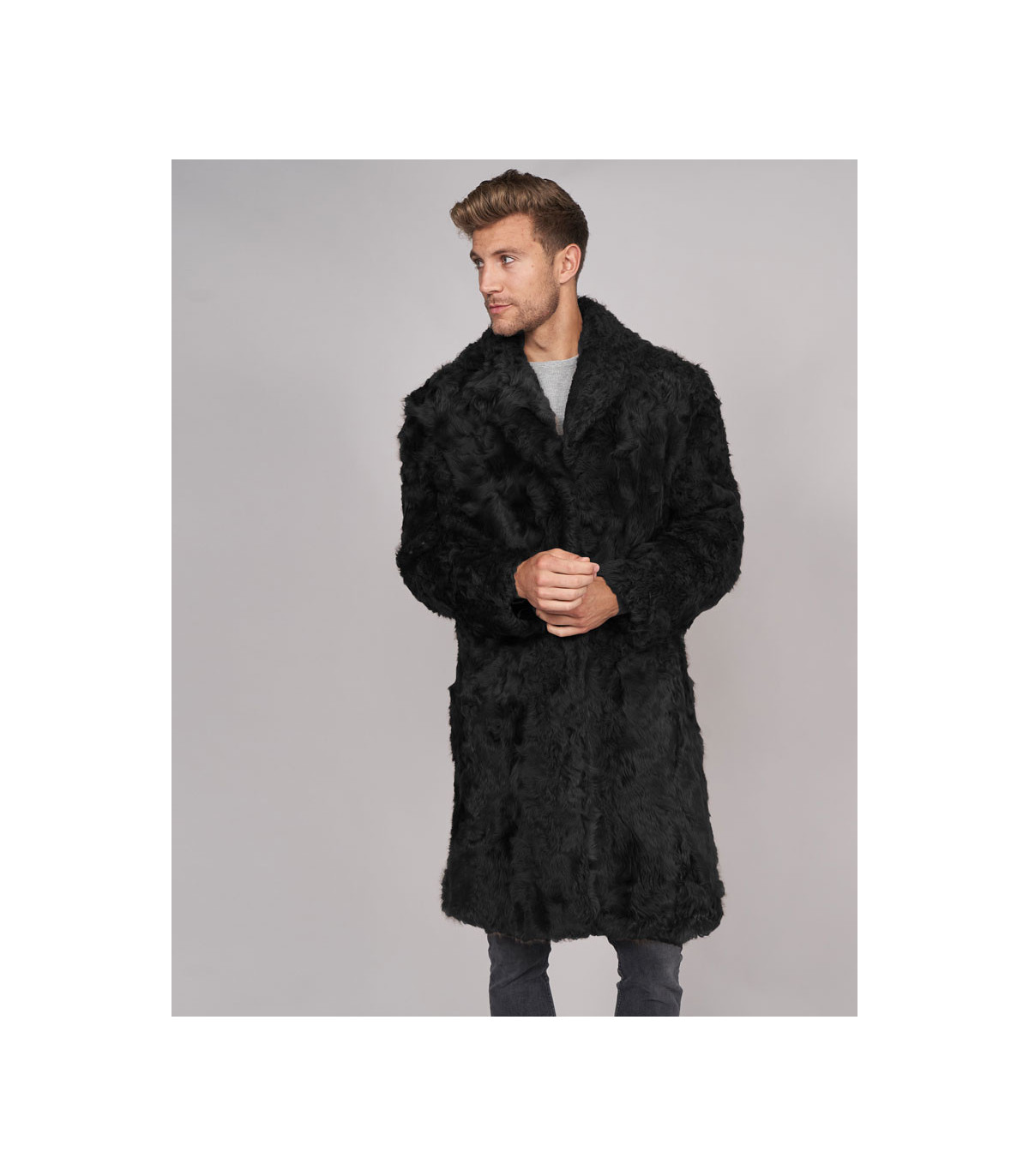 Baron Curly Shearling Overcoat in Black: Futhatworld.com