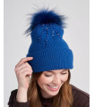 Khloe Embellished Knit Beanie with Finn Raccoon Fur Pom Pom in Blue