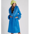 Manteau portefeuille en laine October avec bordure en fourrure de renard en bleu royal