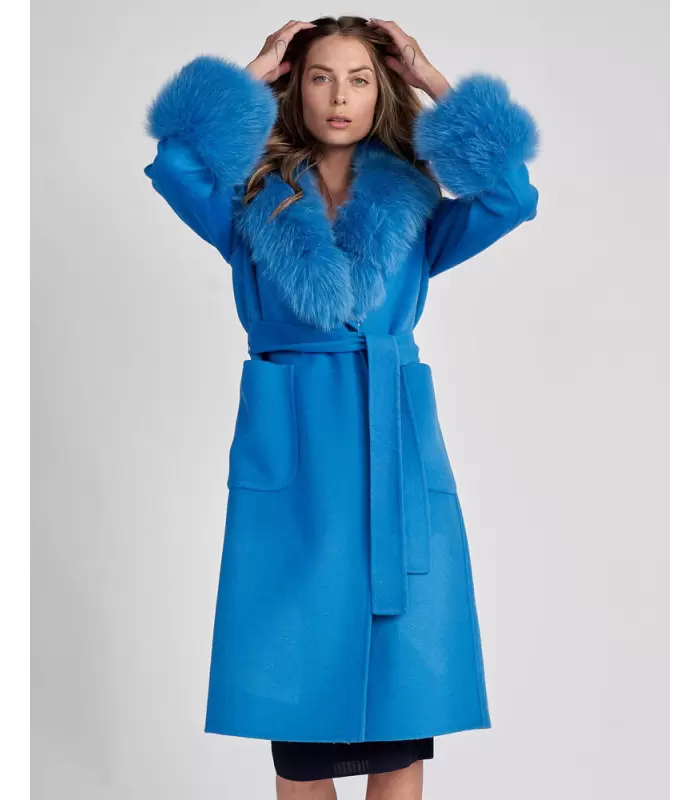 Manteau portefeuille en laine October avec bordure en fourrure de renard en bleu royal