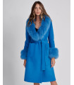 Abrigo cruzado de lana de octubre con ribete de piel de zorro en azul real