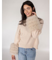 Phyllis Long Sleeves Sweater with Fox Fur Cuffs in Beige