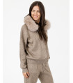 Beige Fox Fur Trim Loungewear Set