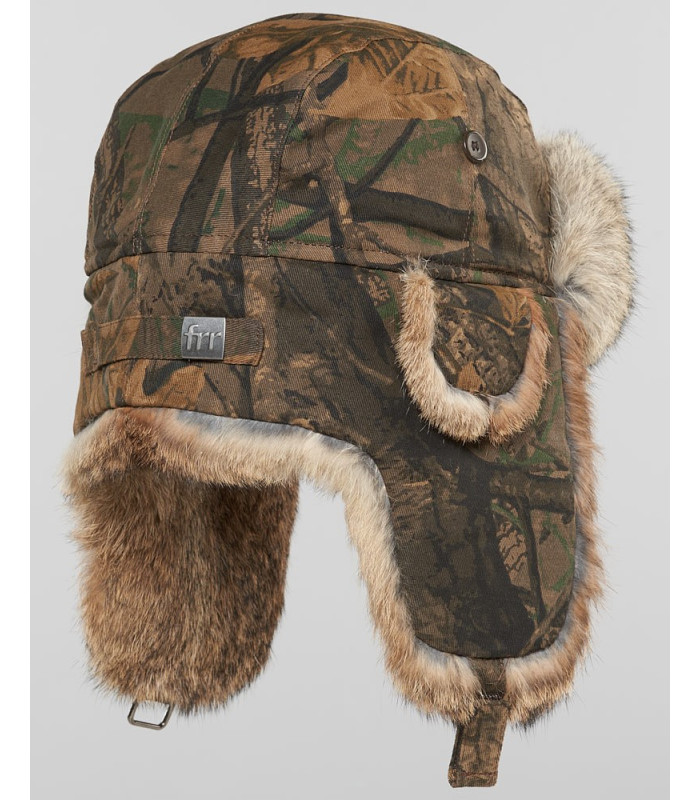 Camouflage Trapper Hat with Natural Brown Rabbit Fur for Men