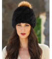 Ciara Knit Mink Beanie Hat with Raccoon Pom Pom in Black