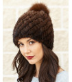 Ciara Knit Mink Beanie Hat with Fox Pom Pom in Brown