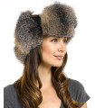 Womens Grey Fox Fur Leather Military Trooper Hat