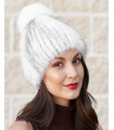Lola Knit Mink Beanie Hat with Fox Pom Pom