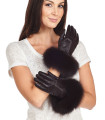 Fox Fur Trim Wool Lined Leather Gloves in Brown