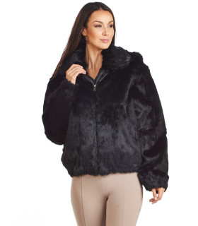 Frances Black Rabbit Fur Bomber Jacket with Hood