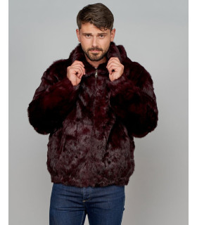 Lucas Burgundy Rabbit Fur Hooded Bomber Jacket for Men