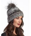 Icelandic Knit Wool Double Cuff Beanie Hat with Silver Fox Pom Pom