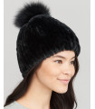 Alice Rex Rabbit Beanie Hat With Fox Pom Pom in Black
