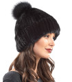 Mink Cuffed Beanie Hat With Fox Pom Pom in Black