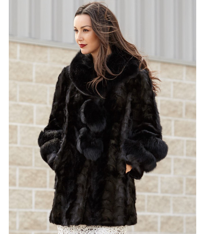 Shiloh Black Mink Coat with Fox Collar & Trim: FurHatWorld.com