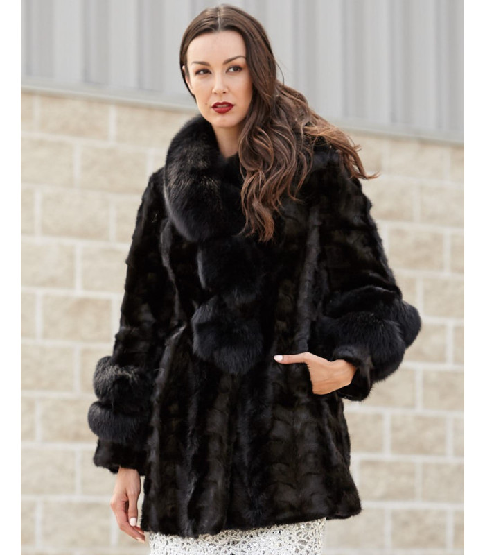 Shiloh Black Mink Coat with Fox Collar & Trim: FurHatWorld.com