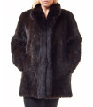 Plus Size Olivia Textured Mink Stroller Coat with Fox Tuxedo Col