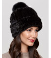 Belle Knit Mink Beanie Hat with Fox Fur Pom Pom in Black