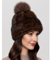 Belle Knit Mink Beanie Hat with Fox Fur Pom Pom in Brown