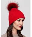 Coco Red Rib Knit Beanie Hat with Finn Raccoon Pom Pom