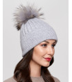 Coco Grey Rib Knit Beanie Hat with Finn Raccoon Pom Pom