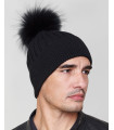 Rocco Knit Beanie Hat with Finn Raccoon Pom Pom in Black for Men