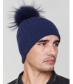 Rocco Knit Beanie Hat with Finn Raccoon in Navy for Men