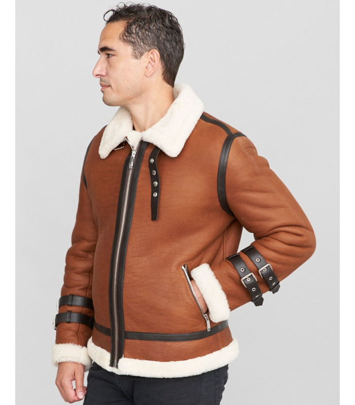 Wyatt Shearling Sheepskin Moto Jacket in Brown: FurHatWorld.com