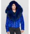 Ed Mink Moto Jacket with Fox Collar & Hood in Royal Blue