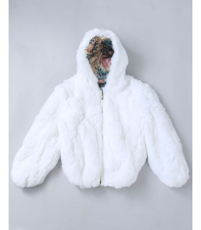 Mini Alana Rabbit Fur Hooded Bomber Jacket in White for Kids ...
