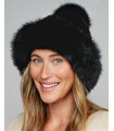 Blaire Mink Hat With Fox Fur Trim & Pom Pom in Black