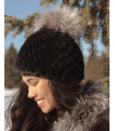 Ciara Knit Mink Beanie Hat with Silver Fox Pom Pom in Black