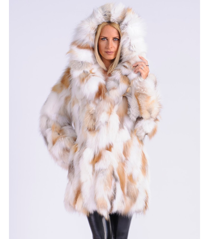 Esme Multicolor Fox Fur Coat with Hood: FurHatWorld.com