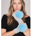 Melissa Knit Fingerless Gloves with Fox Fur Pom Pom in Sapphire