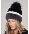 Bailey Tri-Color Knit Mink Beanie Hat  with Fox Fur Pom Pom