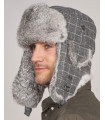 Grey Plaid Rabbit Fur Aviator Hat