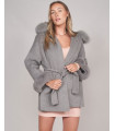 Elizabeth Hooded Wool Wrap Coat with Fox Fur Trim in  Grey