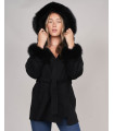 Elizabeth Hooded Wool Wrap Coat with Fox Fur Trim in Black