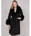 October Wool Wrap Coat with Fox Fur Trim in Black