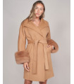 Chelsa Wool Wrap Trench Coat with Fox Fur Cuffs in Camel