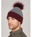 Frankie Two Toned Knit Beanie hat with Finn Raccoon Pom Pom in Grey/Burgundy