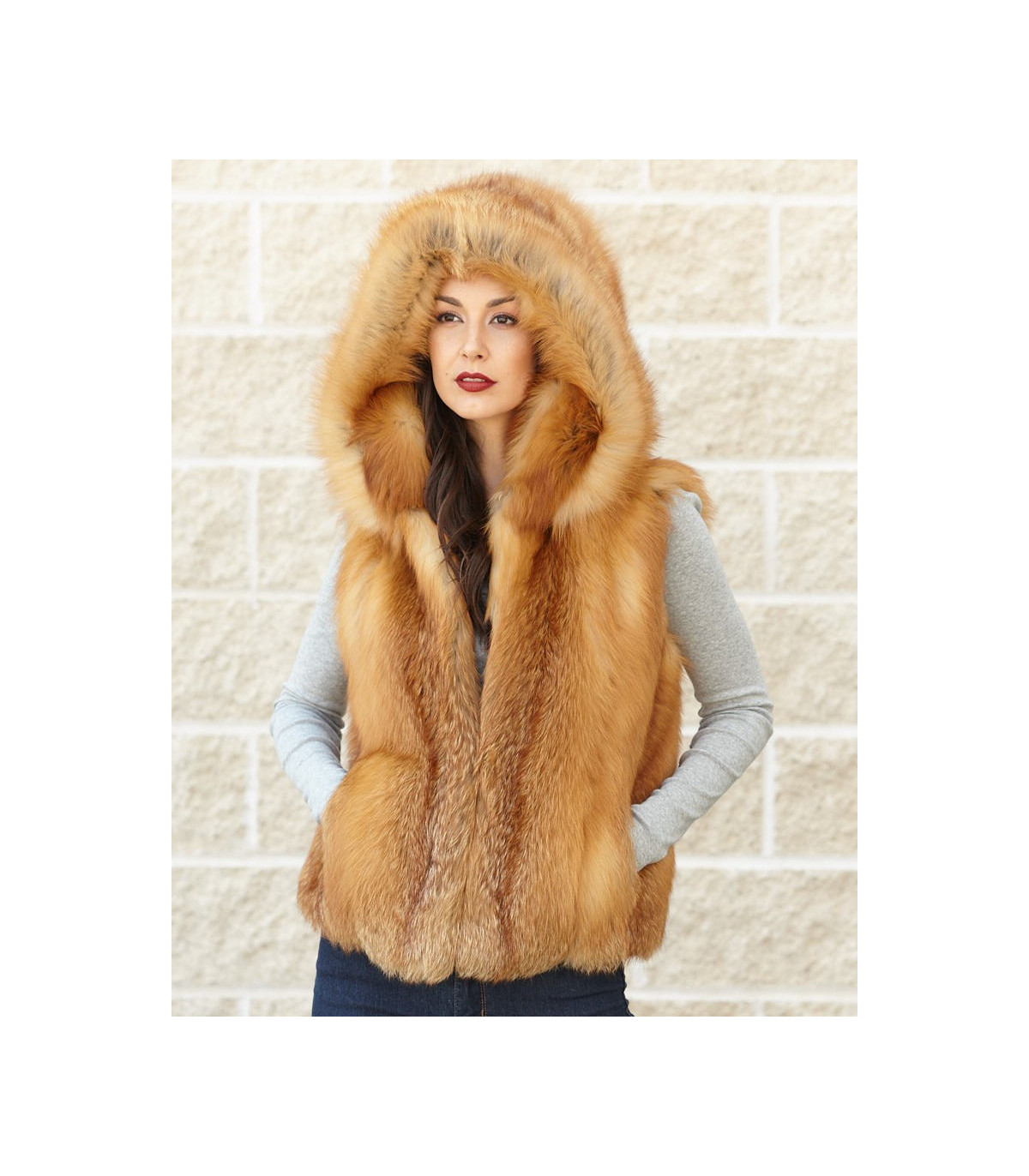 The Brynn Red Fox Fur Vest with Collar for Women